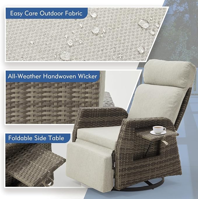 Adjustable Outdoor Recliner Chair with Independent Backrest & Footrest, Patio Swivel Recliner Chair, Wicker Reclining Patio Chair w/Flip-Up Table, Air Pump 155° Lay Flat Chaise Lounge, Gray - Image 6