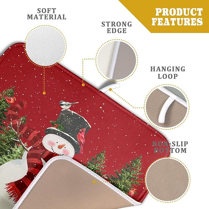 Christmas Dish Drying Mat for Kitchen Counter Red Xmas Snowman Trees Birds - Image 4