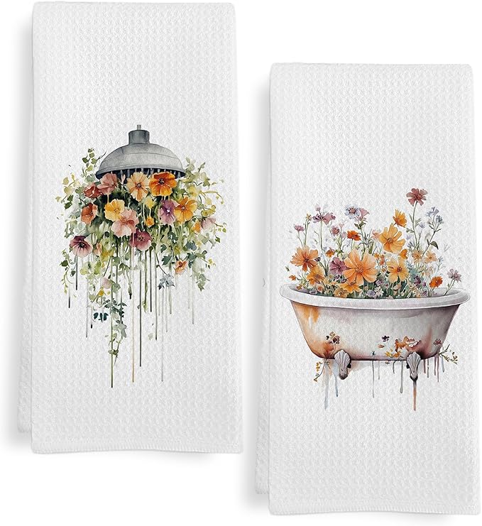 Orange Wildflower Hand Towels for Bathroom Set of 2, Sage Green Shower Head by Unknown