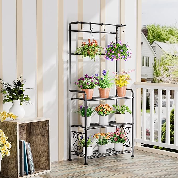 Plant Stand Indoor Outdoor Heavy Duty Metal - 56.4" Tall 3-Tier Shelf for Multiple Plants, Flowers, Rustproof Black Storage Rack for Patio, Balcony, Living Room, Garden, Includes Hooks&Adjustable Feet - Image 2