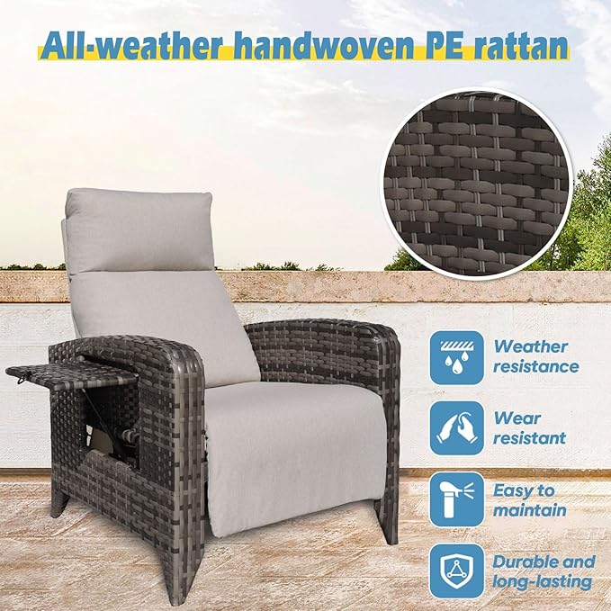 Outdoor Recliner Chairs Set of 2 Reclining Patio Chairs with Adjustable Back and Extended Footrest Wicker Rattan Recliner Chairs with Flip Table and Removable Cushion - Image 5