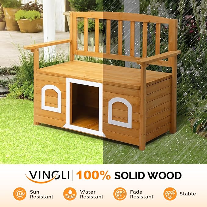 VINGLI Outdoor Storage Bench with Built-in Dog House, 2-in-1 Outdoor Waterproof Patio Bench with Pet Kennel for Patio Backyard Porch (Natural) - Image 6