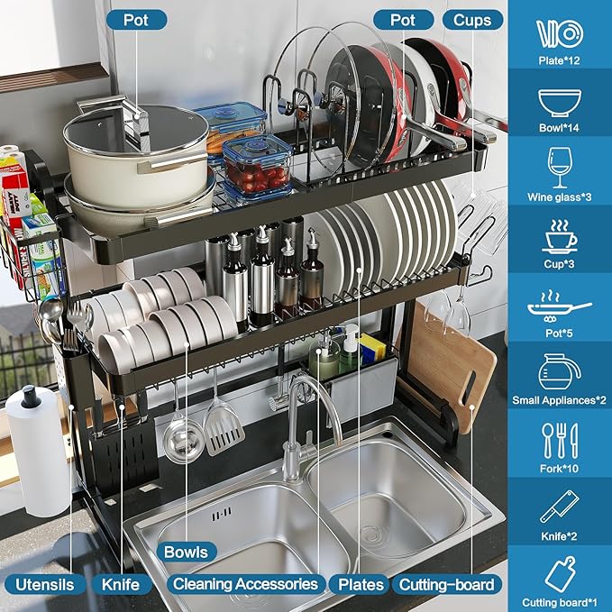 Over The Sink Dish Drying Rack, 3 Tier Adjustable Length Full Stainless Steel - Image 2