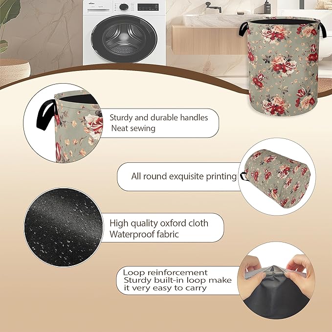 Red Rose Flowers Laundry Hamper, Vintage Floral Clothes Hamper - Image 5