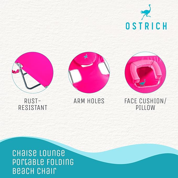 Ostrich Beach Lounge Chair, Folding & Reclining Outdoor Chaise Lounger, Pink - Portable Adjustable Recliner Chair for Lawn, Pool, Patio, Garden, and Yard - Image 5