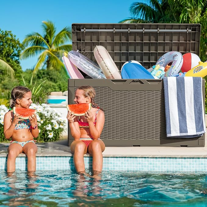 Greesum 100 Gallon Resin Deck Box Large Outdoor Storage with Cushions for Patio Furniture, Garden Tools, Pool Supplies, Weatherproof and UV Resistant, Lockable, Coffee - Image 2