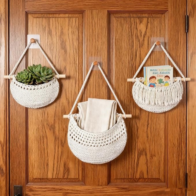 3 Tier Hanging Fruit Baskets for Kitchen, Boho Cotton Rope Handwoven Vegetable - Image 6