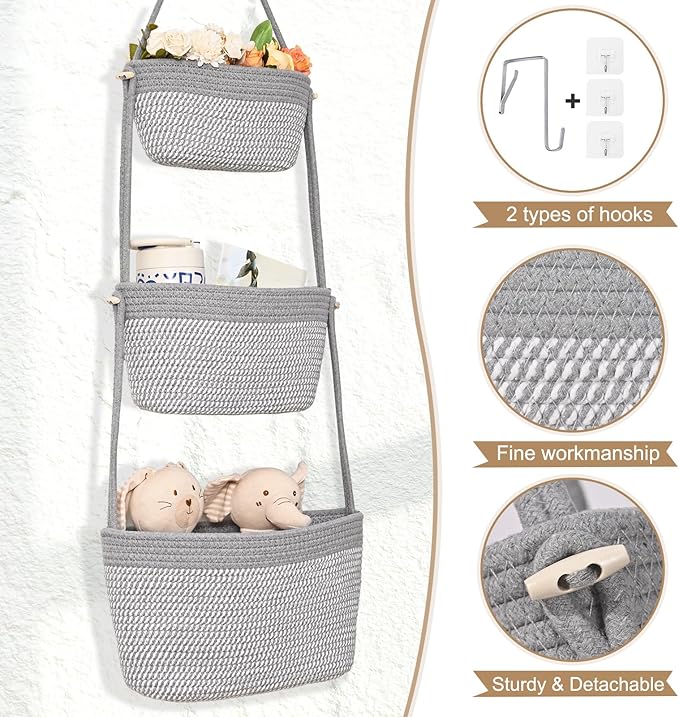 Hanging Storage Baskets, Over the Door Basket, Cotton Wall Baskets Storage - Image 6