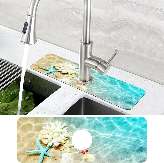Beach Dish Drying Mat for Kitchen Sink Starfish Coral and Seashell Splash Guard - Image 4