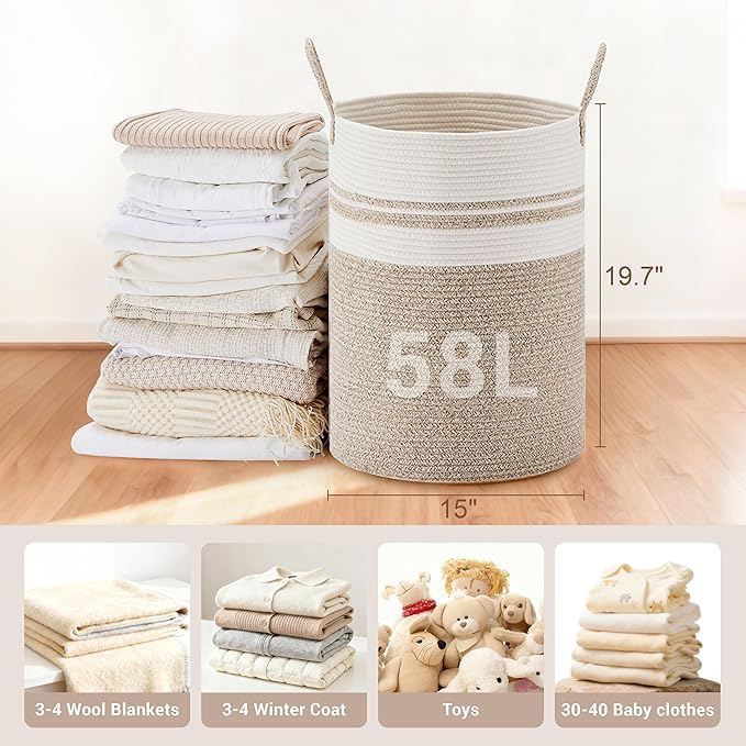 Tall Laundry Basket with Handles, 58L Portable Dirty Clothes Hamper, Boho - Image 2