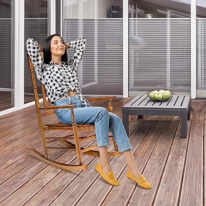 VINGLI Wooden Rocking Chair, Outdoor Chair with 450 lbs Support, Relaxing Rocker with Solid Wood High Back Seat Reclining Seat for Deck, Garden, Backyard, Porch, Indoor or Outdoor Use (Teak, 2PCS) - Image 2