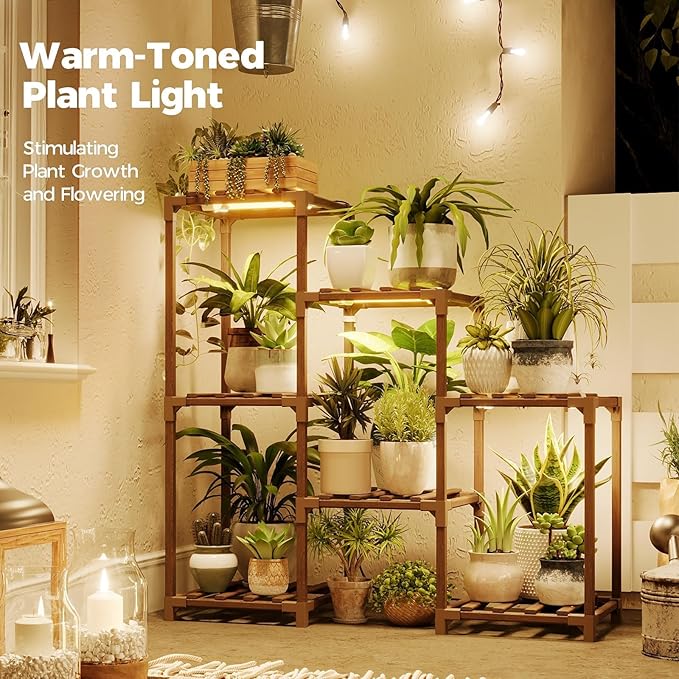 Bamworld Plant Stand with Grow Light Plant Shelf for Mutiple Pots 3 Tiers Ladder Plant Holder for Living Room Patio Boho Home Decor for Gardening Warm Light - Image 2