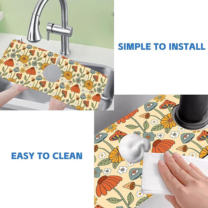 Abstract 70s Mushroom Floral Sink Faucet Absorbing Mat Sink Splash Guard Faucet - Image 5