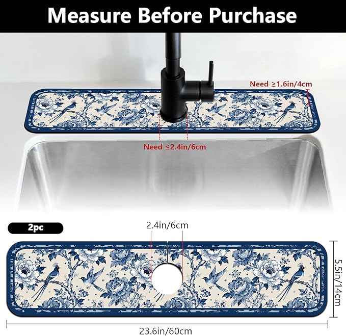 2 Pcs Kitchen Sink Splash Guard Faucet Mats Vintage Porcelain Flowers and Birds - Image 2
