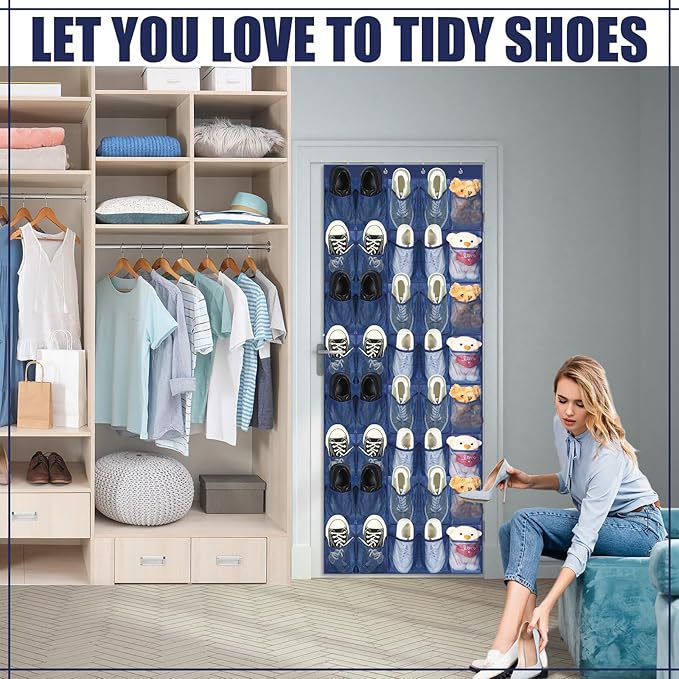 Windyun 40 Large Over the Door Hanging Shoe Organizer Navy Blue Mesh Pockets - Image 4
