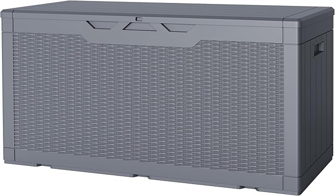 JUMMICO 100 Gallon Resin Deck Box, Waterproof Outdoor Storage Box with Lockable Lid for Garden Tools, Patio Cushions (Gray) by JUMMICO