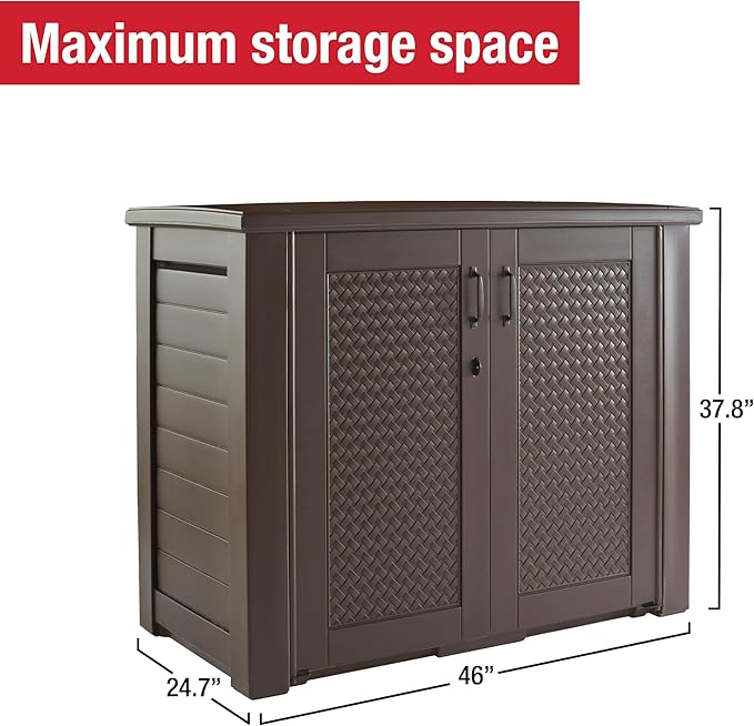 Rubbermaid Decorative Outdoor Storage Cabinet (123 Gal), Weather Resistant, Brown, Organization for Home/Backyard/Pool Chemicals/Toys/Garden Tools/Porch/Patio Cushions - Image 5