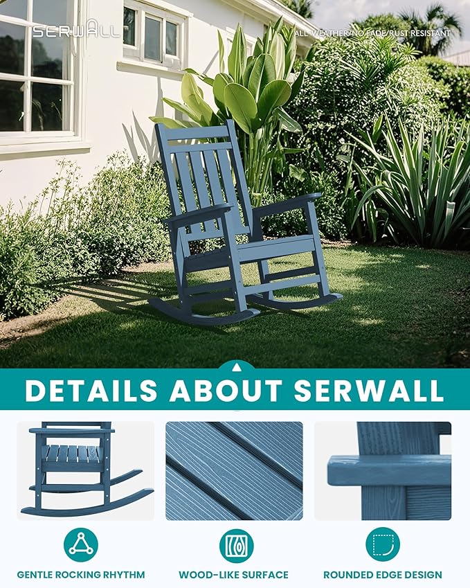 SERWALL HDPE Outdoor Rocking Chair Set of 8, Patio Rocking Chairs for Adults, All Weather Outdoor Rockers for Lawn, Blue - Image 4