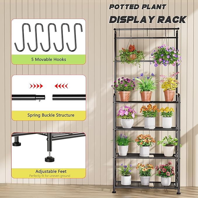 Plant Stand Indoor Outdoor Heavy Duty Metal - 68.4" Tall 4-Tier Shelf for Multiple Plants, Flowers, Rustproof Black Storage Rack for Patio, Balcony, Living Room, Garden, Includes Hooks&Adjustable Feet - Image 3