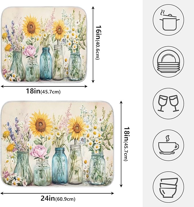 Spring Summer Floral Jars Flowers Dish Drying Mat - Image 2