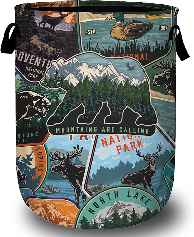 Retro Mountain Bear Laundry Basket, Foldable Wild Animals Laundry Hamper Tote by Unknown