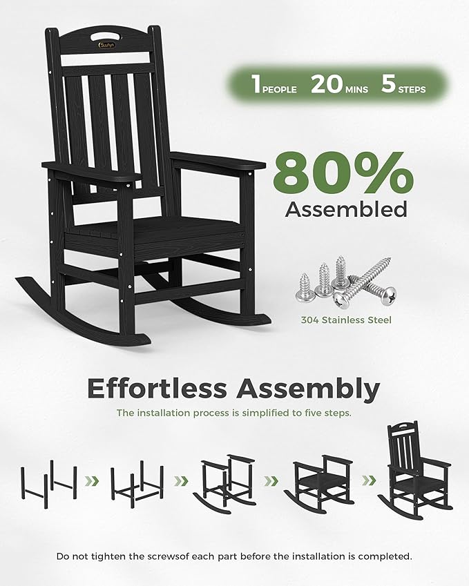 Oversized Outdoor Rocking Chairs Set of 4, High Back Porch Rocker Chair, HDPE All Weather Resistant Rocking Chairs for Patio, 380lbs Weight Capacity, Black - Image 9