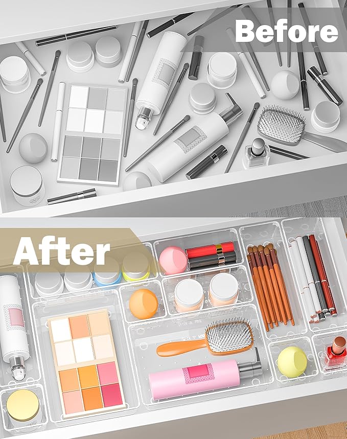 15Pcs Clear Plastic Drawer Organizers Set, 4size makeup drawer organizer trays - Image 4