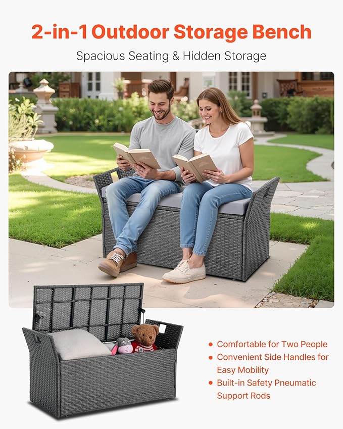 VEVOR Outdoor Storage Bench, 2-Person PE Rattan Storage Bench, 40 Gal Deck Box with Cushion & Side Handle, Supports up to 400 lbs, Weatherproof Outdoor Seating & Porch Decor for Patio Garden Balcony - Image 4