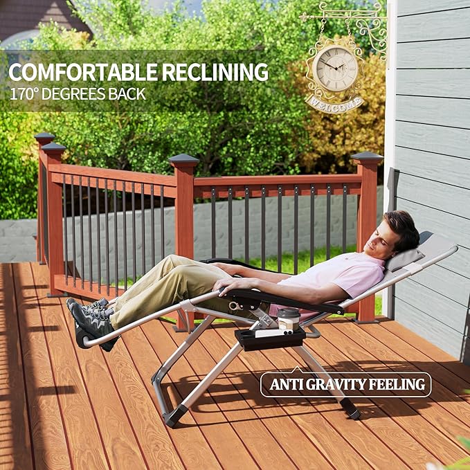 UDPATIO Oversized Zero Gravity Chair Set of 2, 33In XXL Patio Reclining Chair with Cushion, Outdoor Folding Recliner with Pillows|Cup Holder|Foot Rest|Padded Headrest, Grey, Support 500LB - Image 6