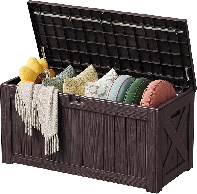 Devoko 125 Gallon Outdoor Storage Box, Waterproof Resin Deck Box for Patio Furniture, Lockable Container for Garden Cushions & Pool Supplies (Brown, 125 Gallon) by DEVOKO
