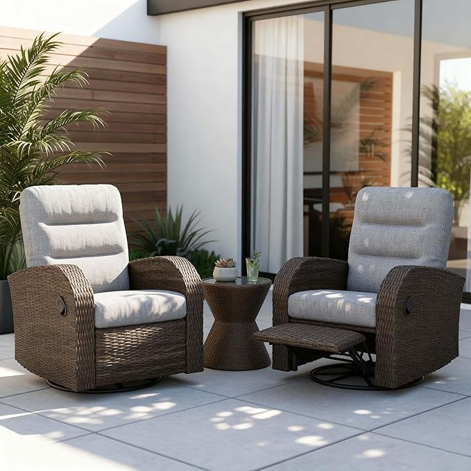 Outdoor Swivel Recliner Chair Set of 2, All-Weather Wicker Reclining Patio Chair with Adjustable Backrest and Footrest by Vakollia