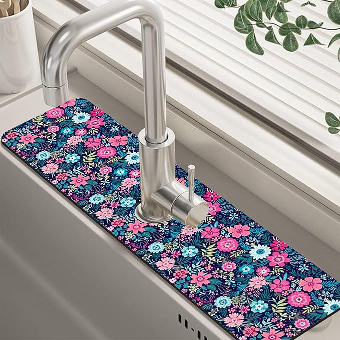 Modern Blue and Pink Floral Sink Faucet Absorbing Mat Sink Splash Guard Faucet by Unknown