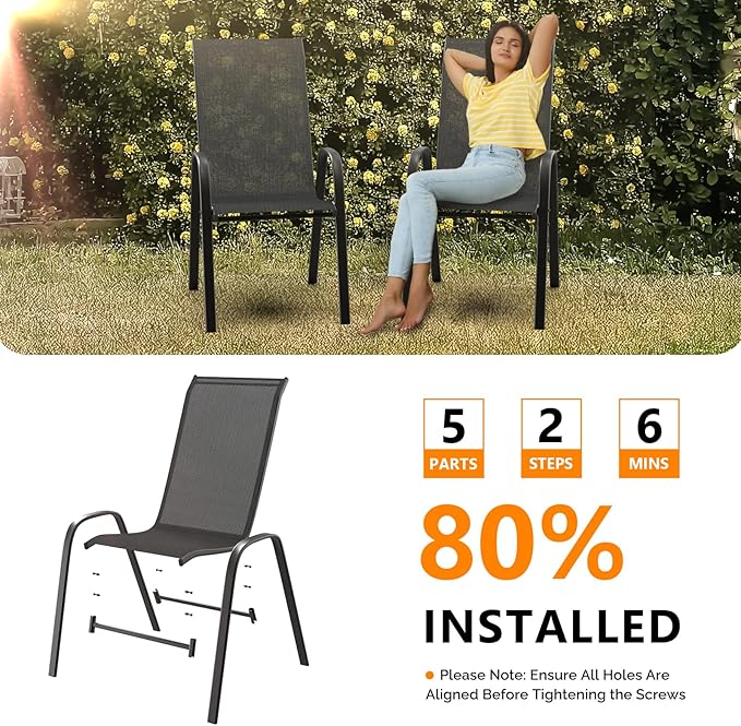 VINGLI Patio Chairs Set of 4 – Stackable Outdoor Dining Chairs with Comfortable Sling High Back Chairs and Armrests for Lawn, Poolside, Courtyard, Balcony, Garden, Black - Image 7