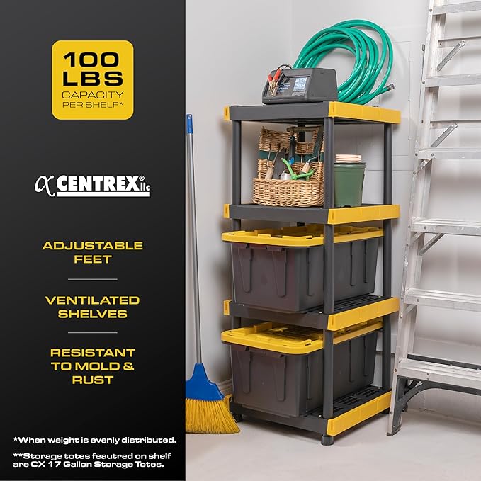 BLACK & YELLOW 4-Tier Heavy Duty Plastic Storage Shelves that Support up to 100lbs/shelf, Organization and Storage, Weather-Resistant Design, Easy Assembly, Made in The USA (55H x 24W x 20D) - Image 4