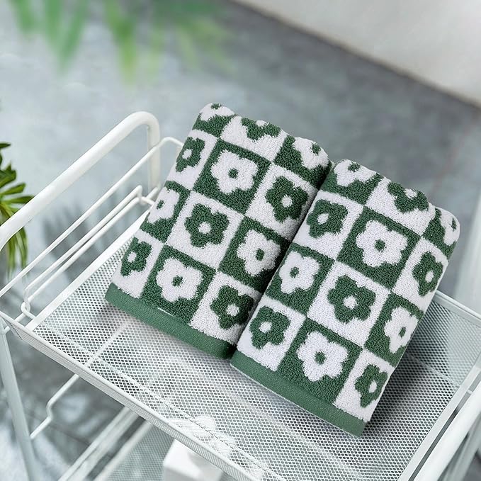 Jacquotha Cotton Hand Towels Green Checkered Floral - Image 2