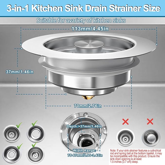 3-in-1 Kitchen Sink Drain Strainer & Stopper, Stainless Steel Food Catcher Plug - Image 6