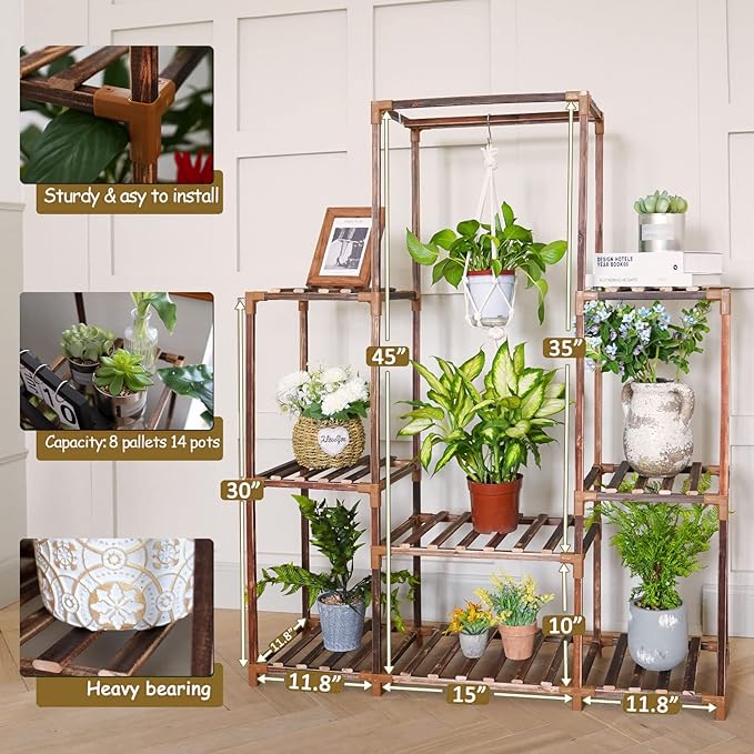 Uneedem Plant Stand Indoor Outdoor Tall Shelf for Multiple Plants 8 Tiers 12 Pot Large Rack Pine Wood Corner Plant/Flower Holder for Room Corner Balcony - Image 3