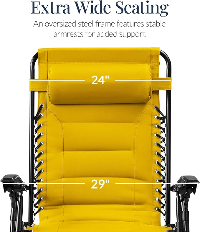 Best Choice Products Oversized Padded Zero Gravity Chair, Folding Outdoor Patio Recliner, XL Anti Gravity Lounger for Backyard w/Headrest, Cup Holder, Side Tray, Polyester Mesh - Yellow - Image 3
