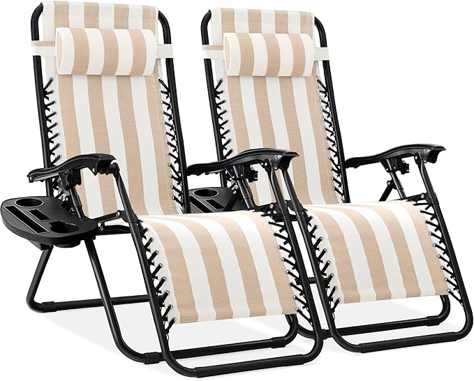Best Choice Products Set of 2 Adjustable Steel Mesh Zero Gravity Lounge Chair Recliners w/Pillows and Cup Holder Trays - Tan Striped by BestChoiceProducts