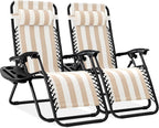 Best Choice Products Set of 2 Adjustable Steel Mesh Zero Gravity Lounge Chair Recliners w/Pillows and Cup Holder Trays - Tan Striped by BestChoiceProducts