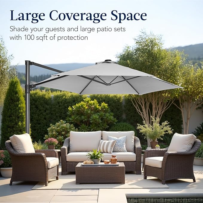 Best Choice Products 10ft Offset Cantilever Hanging Market Patio Umbrella, Smooth 360° Rotation, 8 Sturdy Ribs, Easy Adjustment - Fog Gray - Image 4