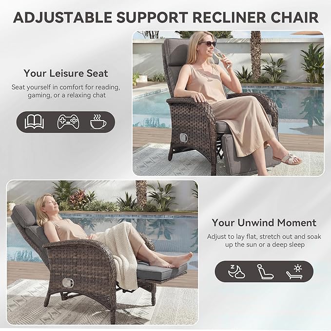 3 Pieces Zero Gravity Wicker Patio Recliner Chairs Set of 2 - Wicker Outdoor Lounge Chair with Side Table, Adjustable Backrest & Footrest, High Back Outdoor Recliner Chair for Pool Deck Gray - Image 5