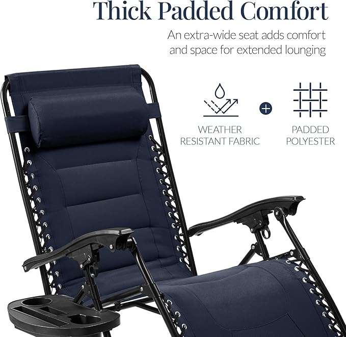 Best Choice Products Oversized Padded Zero Gravity Chair, Folding Outdoor Patio Recliner, XL Anti Gravity Lounger for Backyard w/Headrest, Cup Holder, Side Tray, Polyester Mesh - Navy Blue - Image 4