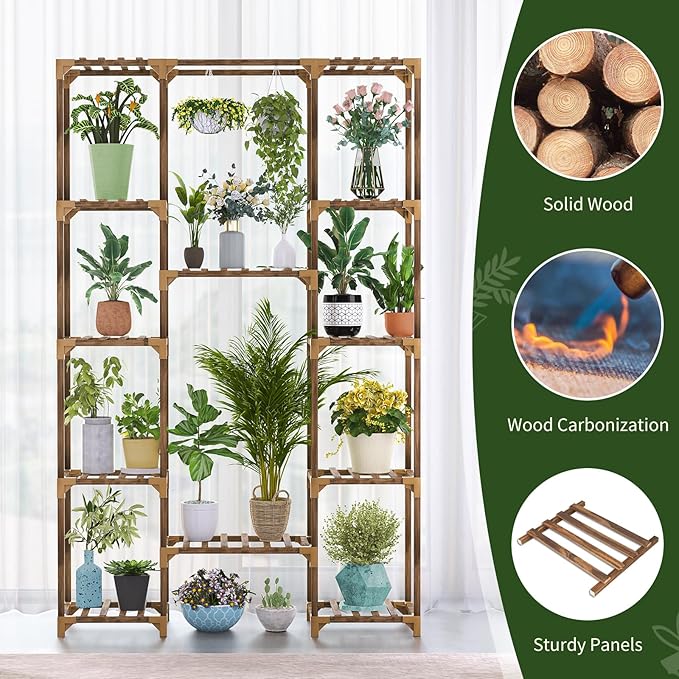 Uneedem Tall Indoor Outdoor Plant Stand - Large 12 Tier Plant Rack with Wooden Shelves for Room, Balcony, Garden, Patio - Image 3