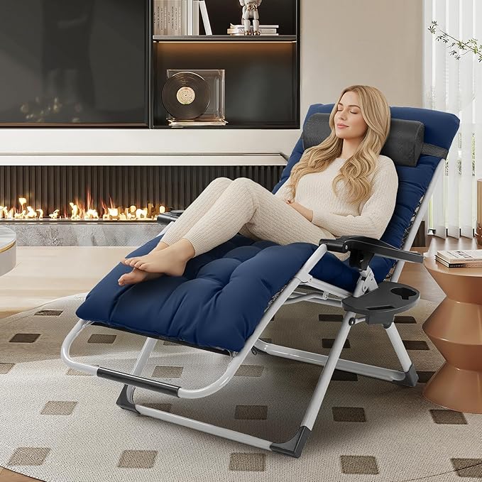 VINGLI 29" Padded Zero Gravity Chair, Lounge Chair with Removable Cushion & Tray， Folding Reclining Patio Chairs， Recliner Chair for Lawn，Indoor Outdoor-Blue - Image 2