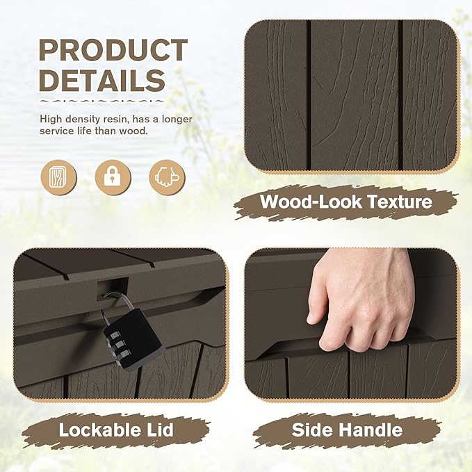 JUMMICO 31 Gallon Resin Deck Box Waterproof Indoor Outdoor Storage Boxes for Patio Furniture Cushions and Garden Tools (Brown, 31gallon-2 Packs) - Image 2