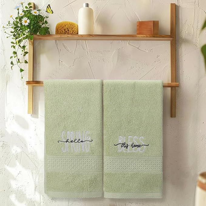 2 Pcs Hello Spring Hand Towels Gray Green Bathroom Decor 14x29 Inch 100% Cotton - Image 6
