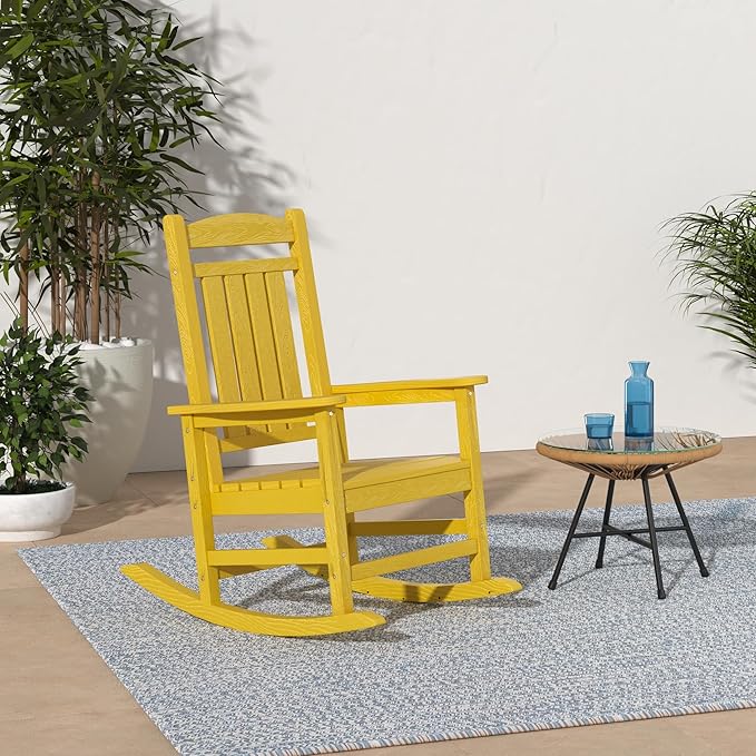 KINGYES HDPE Rocking Chairs Outdoor, Patio Rocking Chairs with 330lbs Support, Smooth Porch Rocker for Deck Lawn Yard, Yellow - Image 2