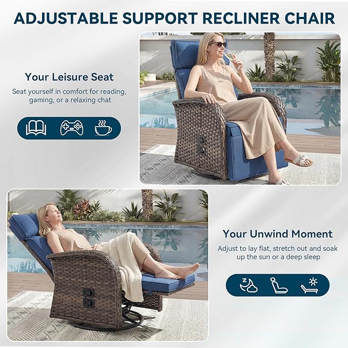3 Pieces Zero Gravity Patio Swivel Rocking Recliner Chairs Set of 2 - Wicker Outdoor Lounge Chair with Side Table, Adjustable Backrest & Footrest, High Back Outdoor Recliner Chair for Pool Deck Blue - Image 5