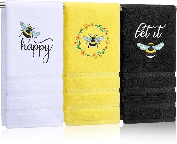Bee Hand Towels Farmhouse Summer Yellow Bathroom Decor 14x29 Inch Embroidered by Tingjoo